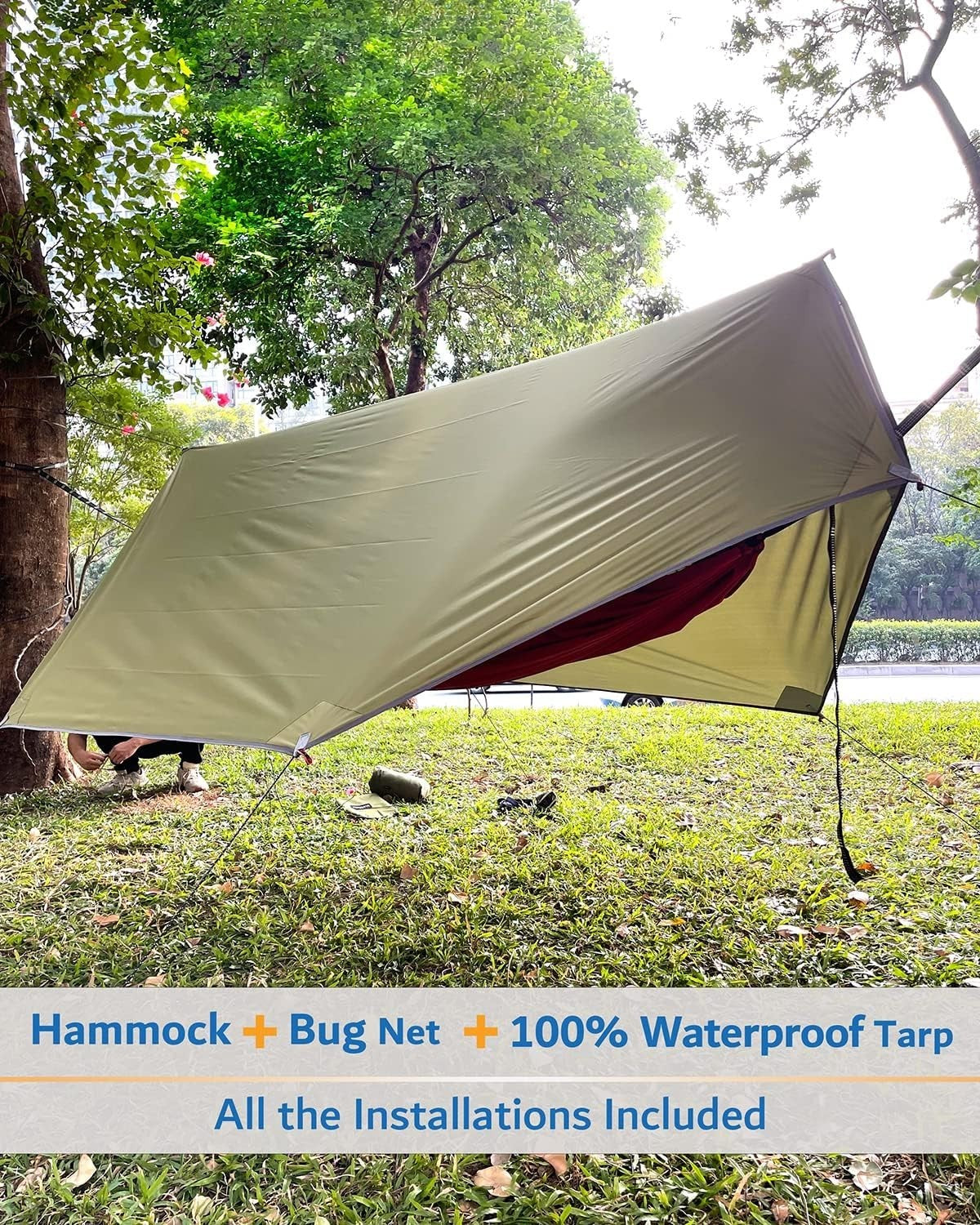 Double Camping Hammock with Rain Fly & Net, 600lb Capacity, All-in-One Shelter