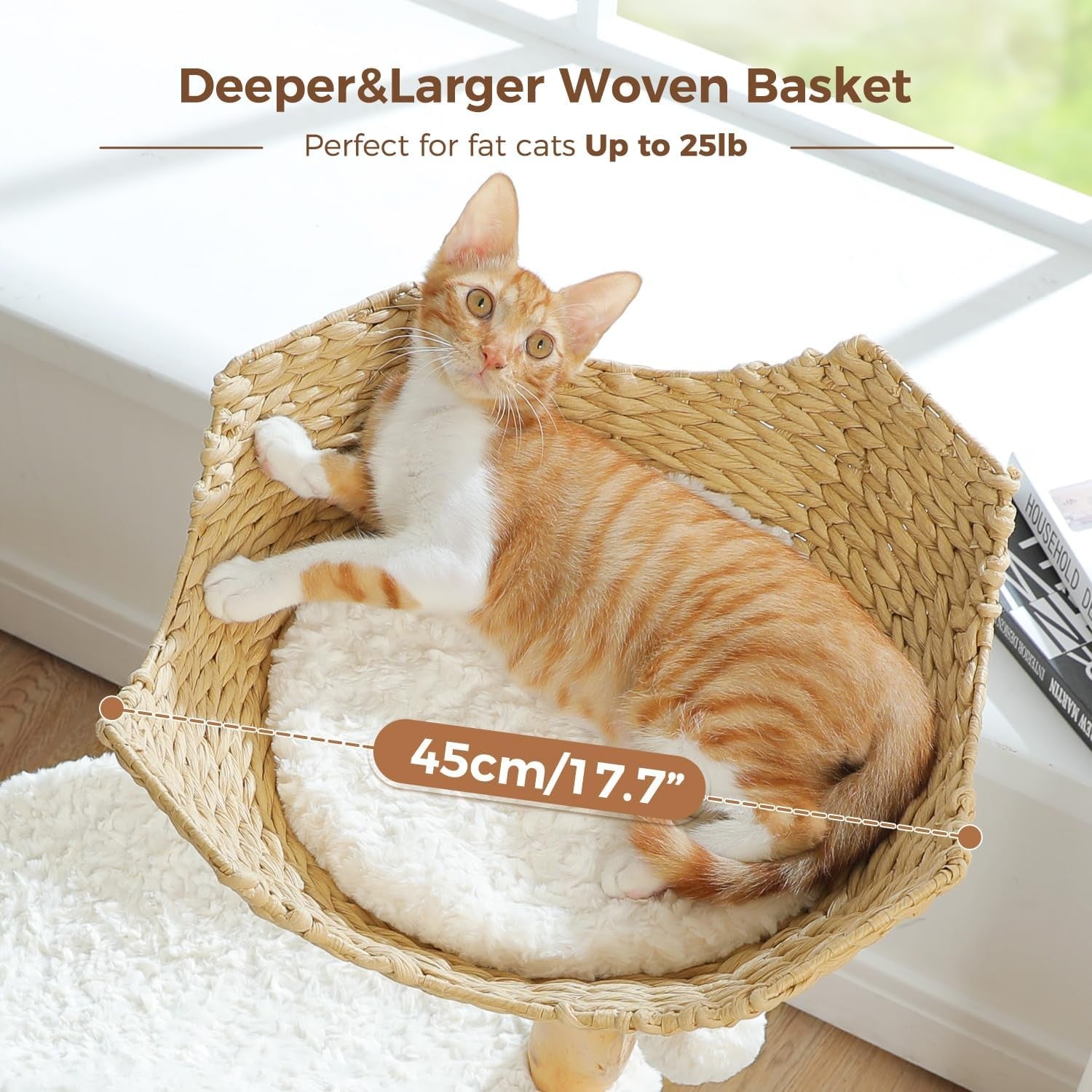 Modern Wooden Cat Tree 38in Tower with Wicker Basket Condo Curved Perch