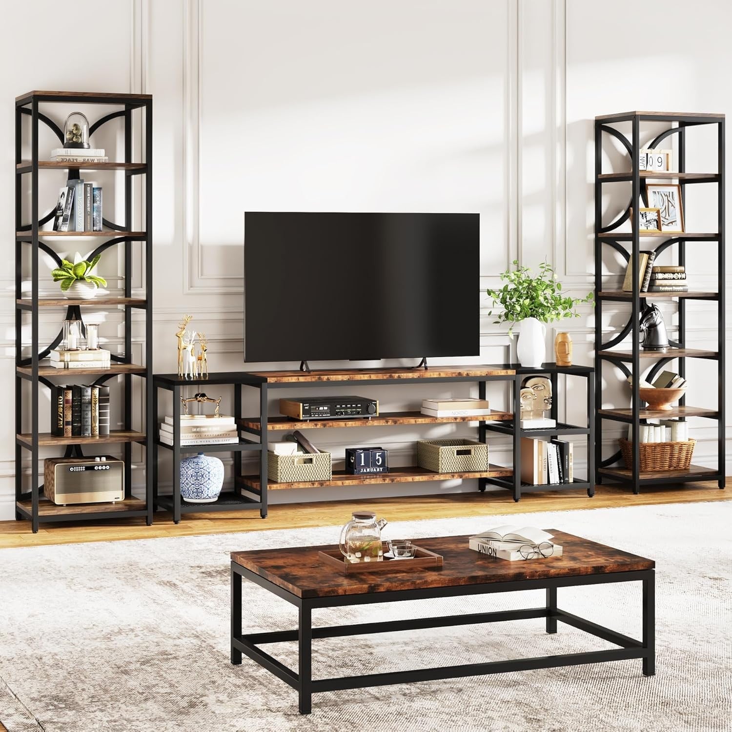 Tall Industrial 6-Tier Bookcase with Metal Frame, Narrow Storage Shelf 200cm