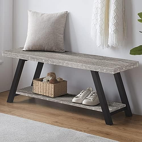 Light Grey Oak Farmhouse Entryway Storage Bench Metal Frame Shoe Rack Seat