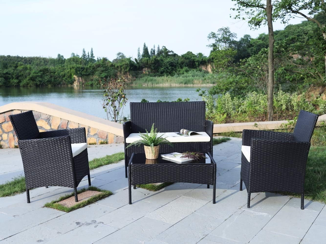 4PC Rattan Garden Furniture Set Outdoor Patio Chairs Table Cushions