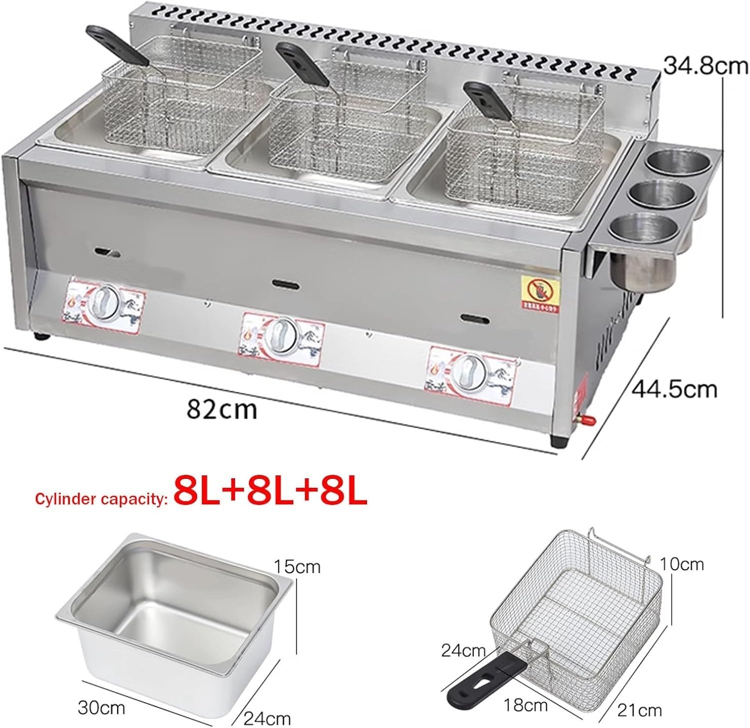 Triple Basket Gas Fryer Countertop Stainless Steel 24L Commercial