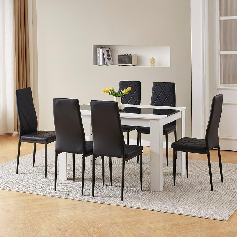 White Dining Table Set + 4 Black Leather Chairs | Modern 5pc Compact Set