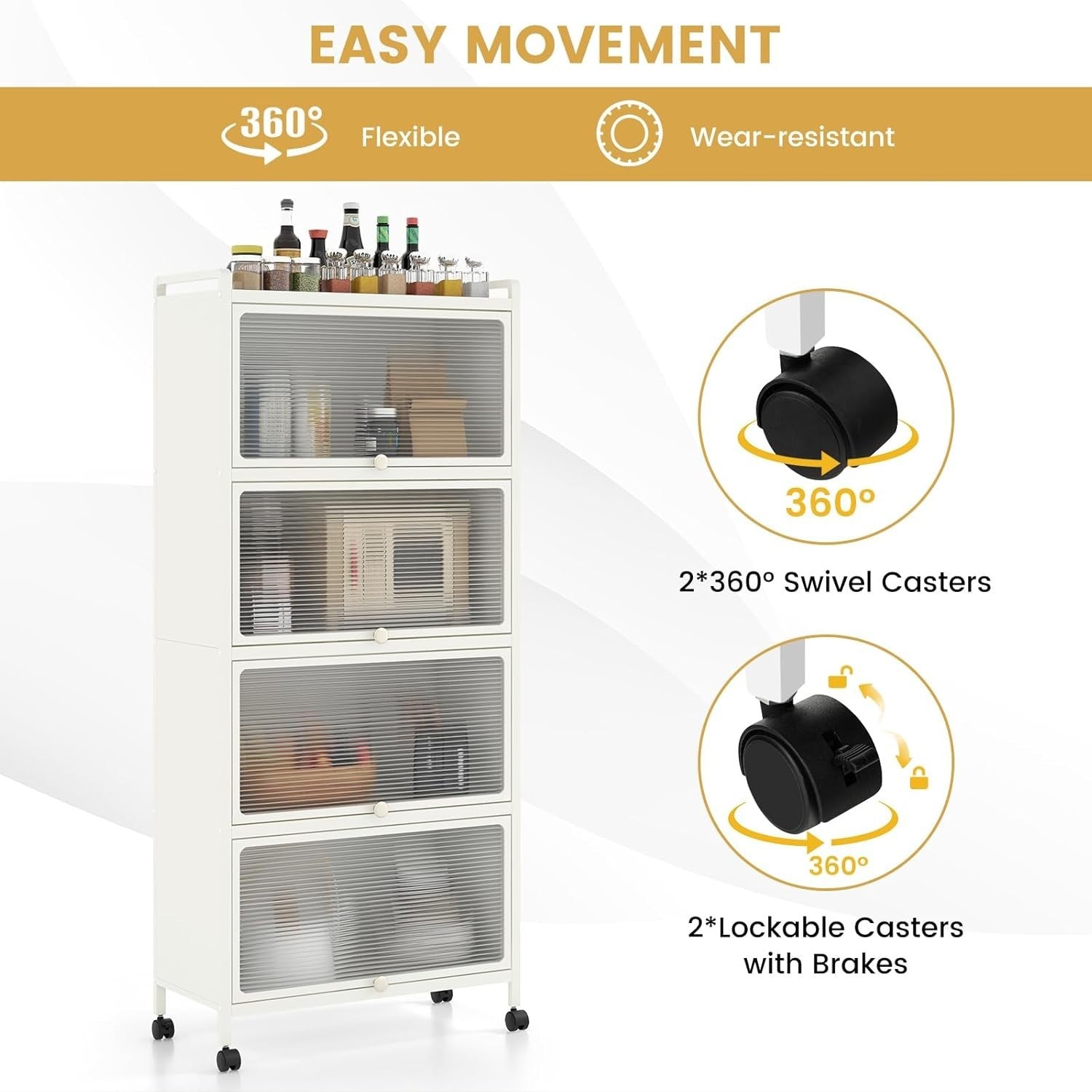 60x32x154cm White Rolling Kitchen Cabinet 5-Tier Pantry Storage with Wheels