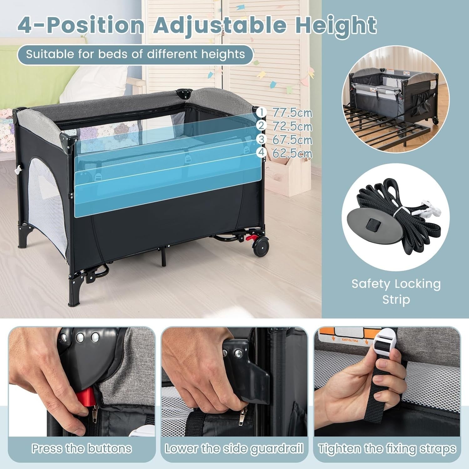5in1 Baby Travel Cot Bedside Crib Bassinet w/ Mattress Changer Music Toys Black