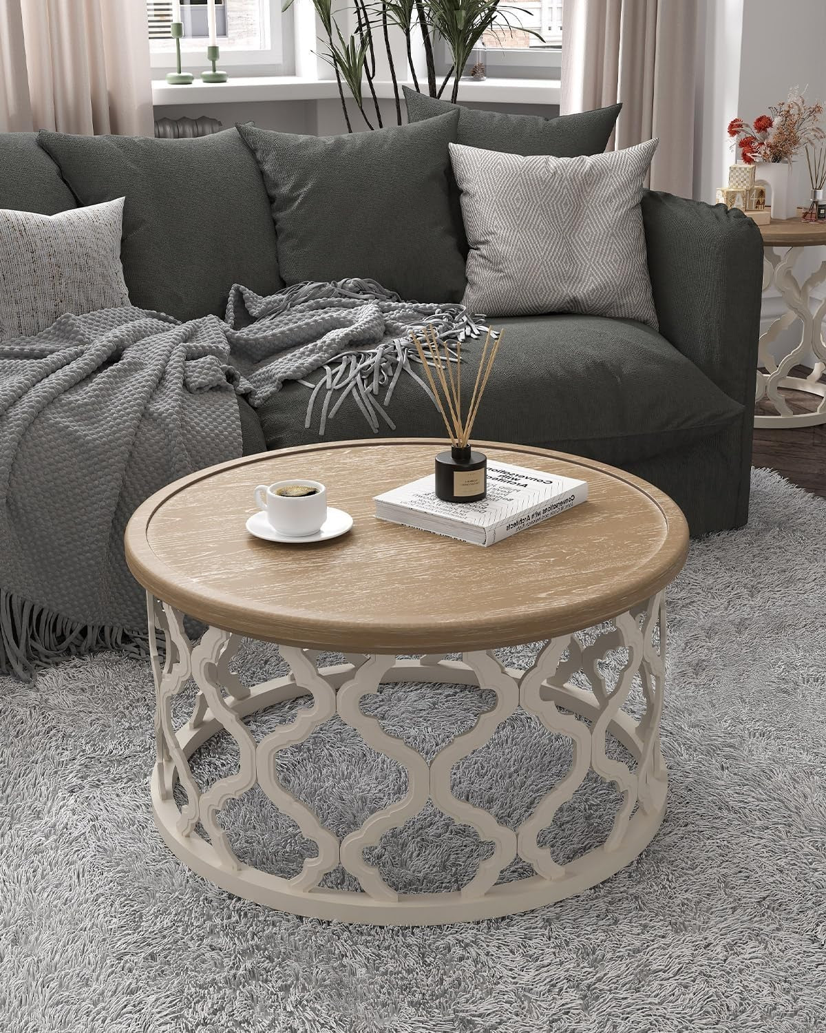 Round Farmhouse Coffee Table with Storage Shelf 76x76x41cm Rustic Charm