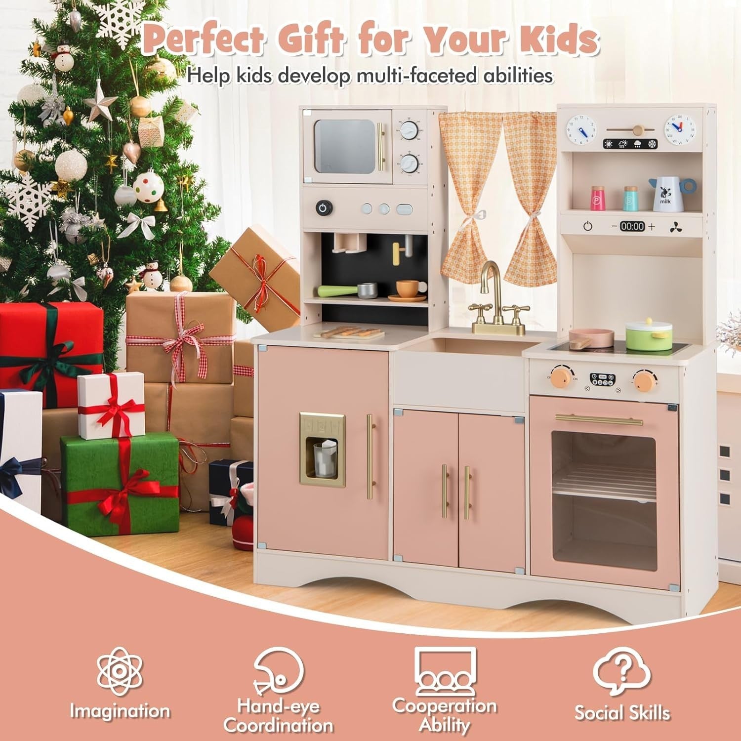 Retro Pink Wooden Play Kitchen Ice Maker Coffee Station Toy Set