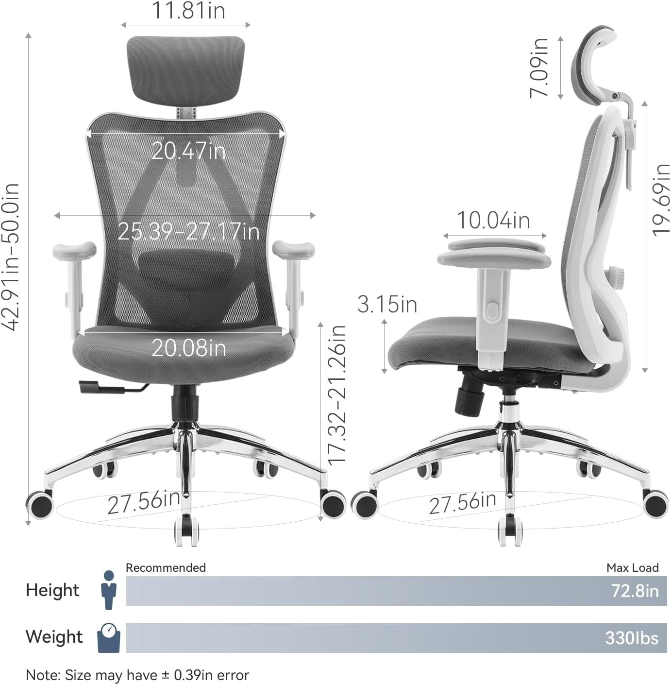 Ergonomic Mesh Office Chair Desk Seat Adjustable Back Headrest Home Grey