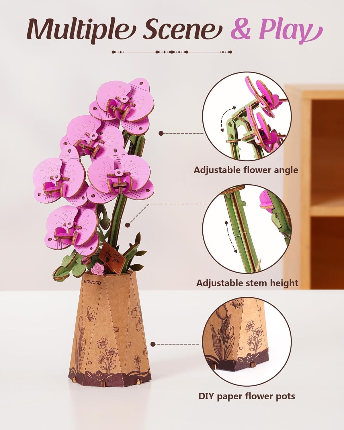 3D Wooden Orchid Puzzle DIY Kit – Elegant Purple Flower Home Decor Gift