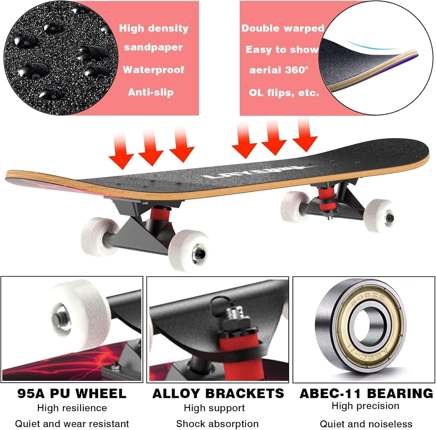 31" Red Skateboard for All Ages | 7-Layer Maple Deck | ABEC-11 Bearings