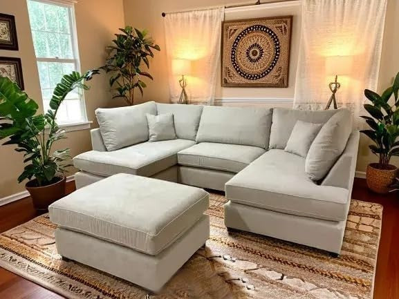 Cream U Shape Sofa 6 Seater High Back Modular Settee with Footstool