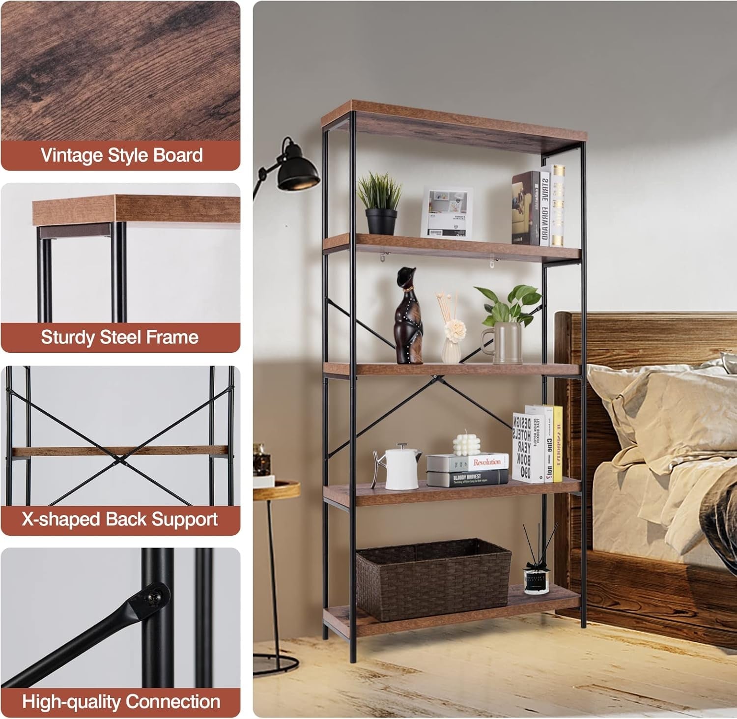 5-Tier Industrial Bookshelf Heavy-Duty Metal Frame Rustic Storage Display Rack