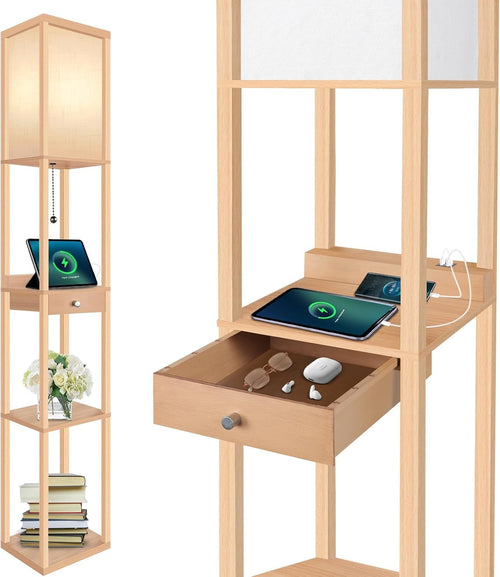 Floor Lamp with Shelves USB Charging Drawer LED Standing Storage Light