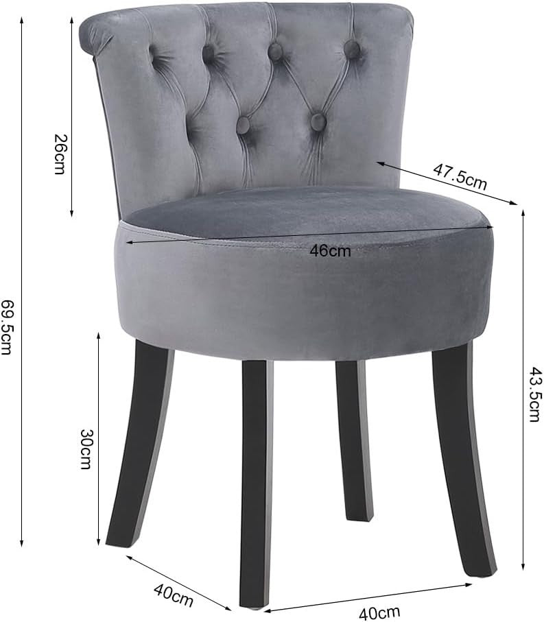 Grey Velvet Vanity Chair with Tufted Back and Wooden Legs – Comfy Makeup Seat