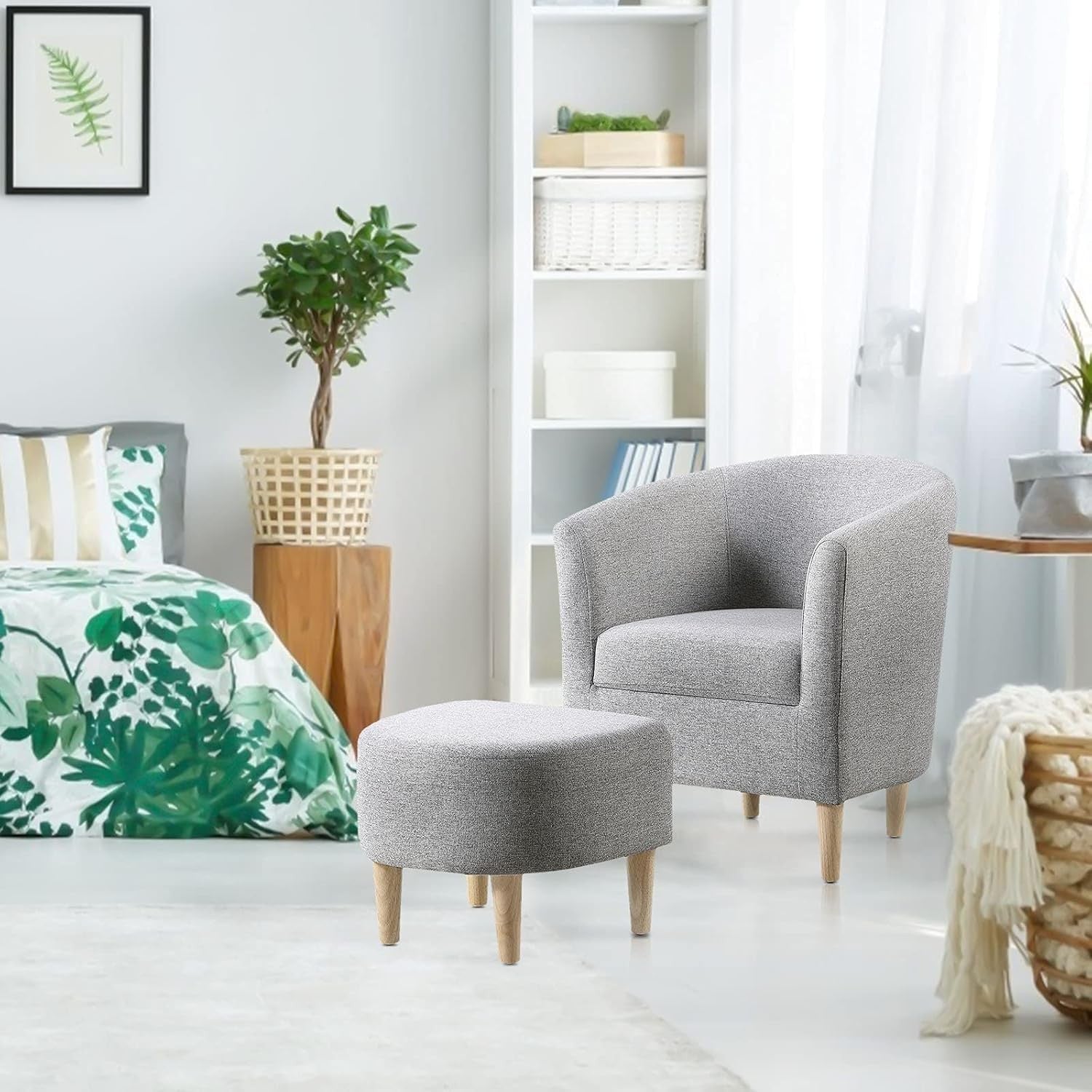 Grey Tub Chair & Footstool Set Linen Accent Armchair Lounge Seat