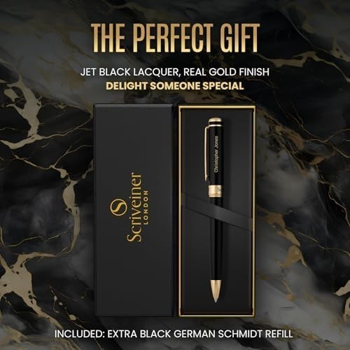 Luxury Personalised Ballpoint Pen – Black Brass Gold, Refillable Fine Ink