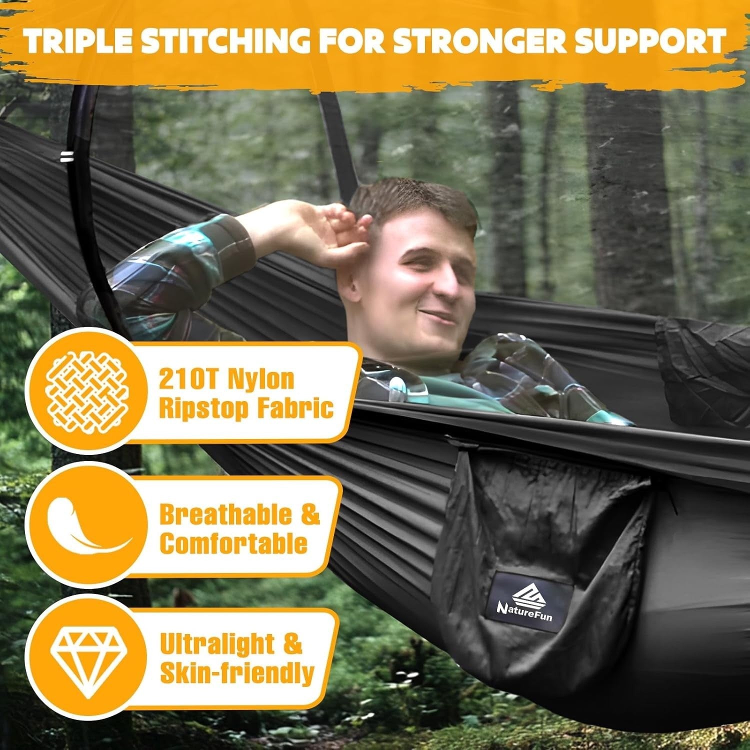 Ultralight Camping Hammock Black | 300kg Load | Pop-Up Bug Net + Tree Straps