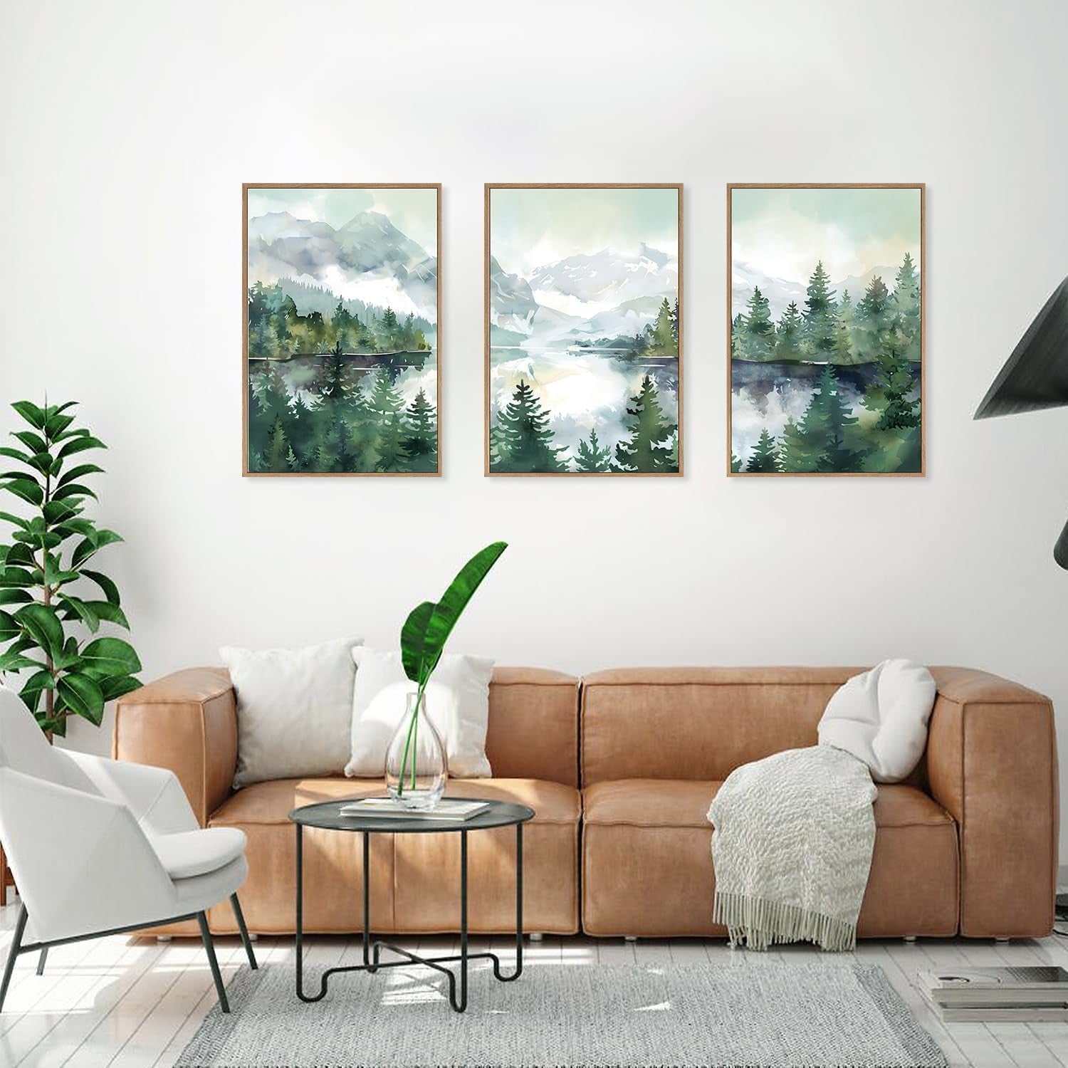 Watercolor Mountain Framed Canvas Wall Art Set Forest Landscape 16x24