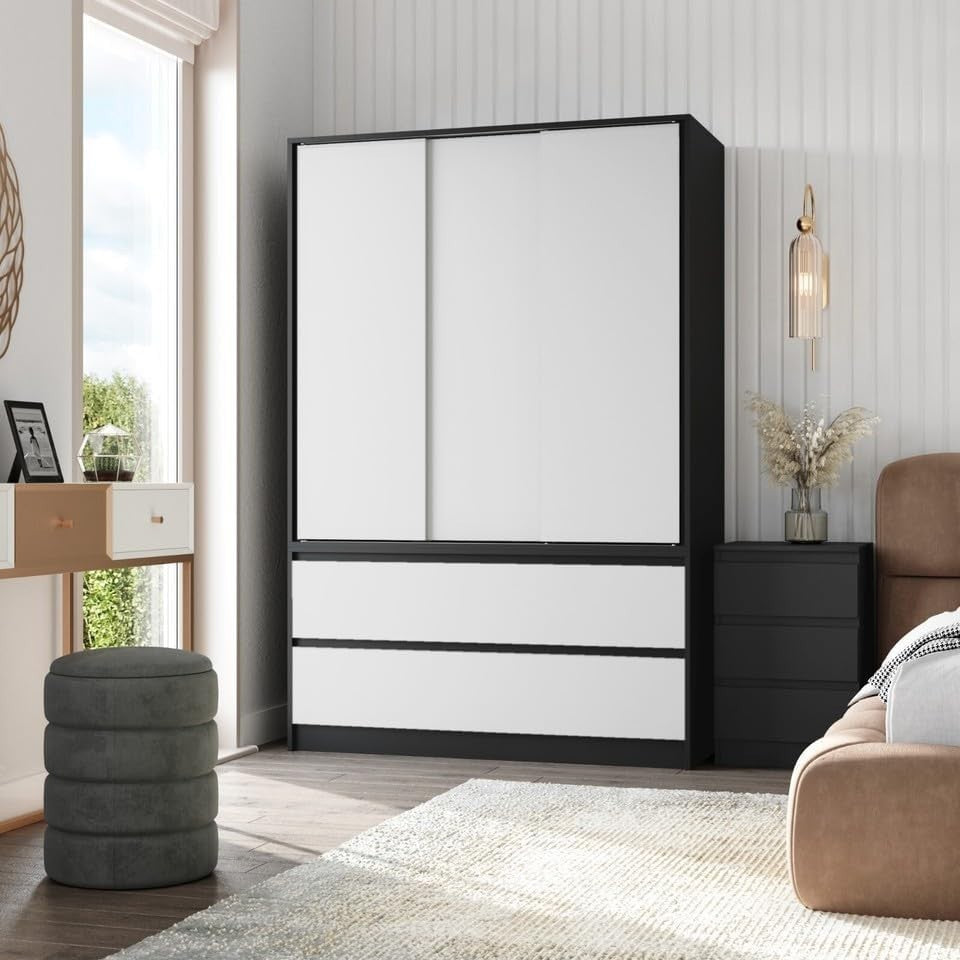 White Sliding Door Wardrobe with 4 Drawers & Hanging Rail – Space Saver