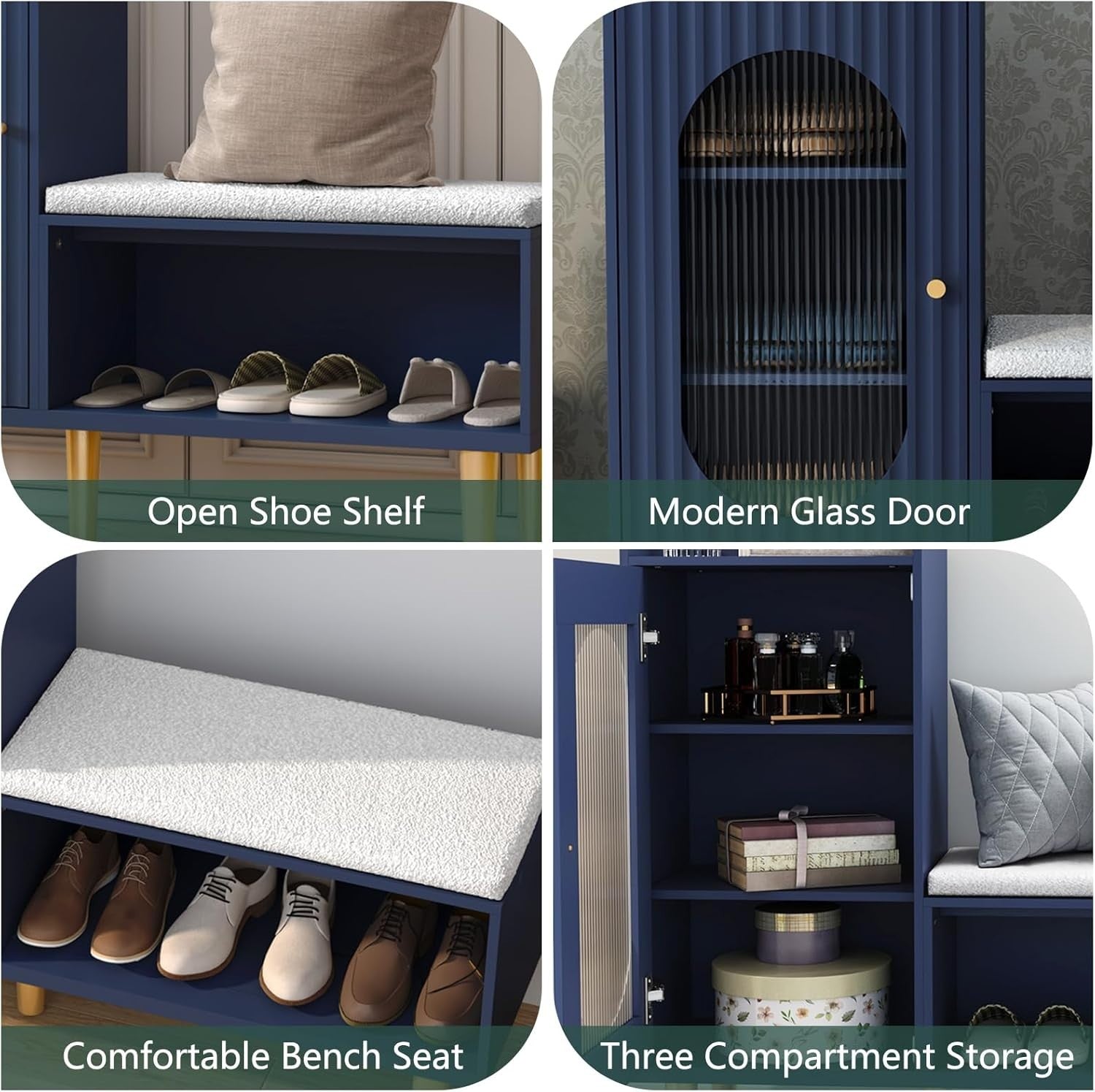 Blue Shoe Storage Bench with Cushion & Glass Door Cabinet 100x29.5x91.5cm