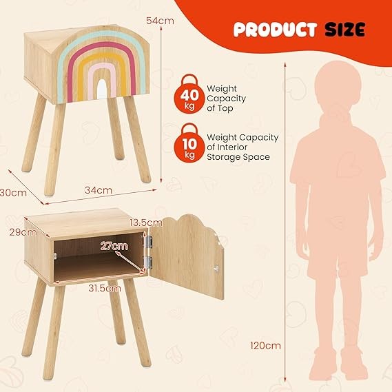 Kids Bedside Tables Set of 2 – Solid Wood Legs, Cute Door Cabinet Storage Units