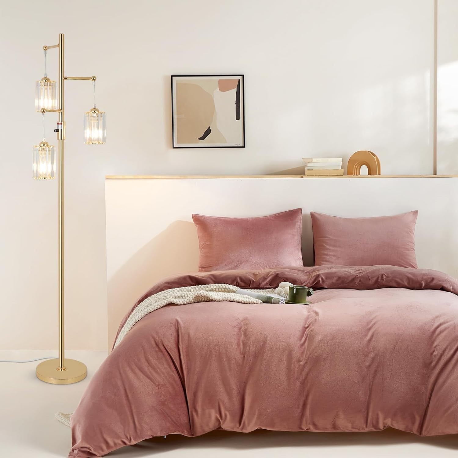 Dimmable 3-Light Gold Floor Lamp with Glass Shades for Living Room & Bedroom
