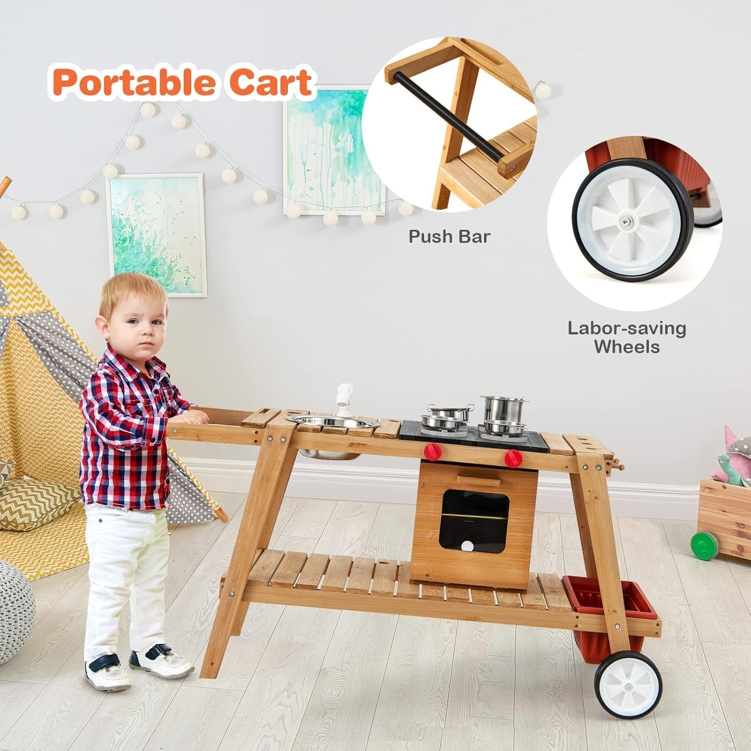 Wooden Mud Kitchen Outdoor Kids Cooking Cart w Umbrella Sink Wheels