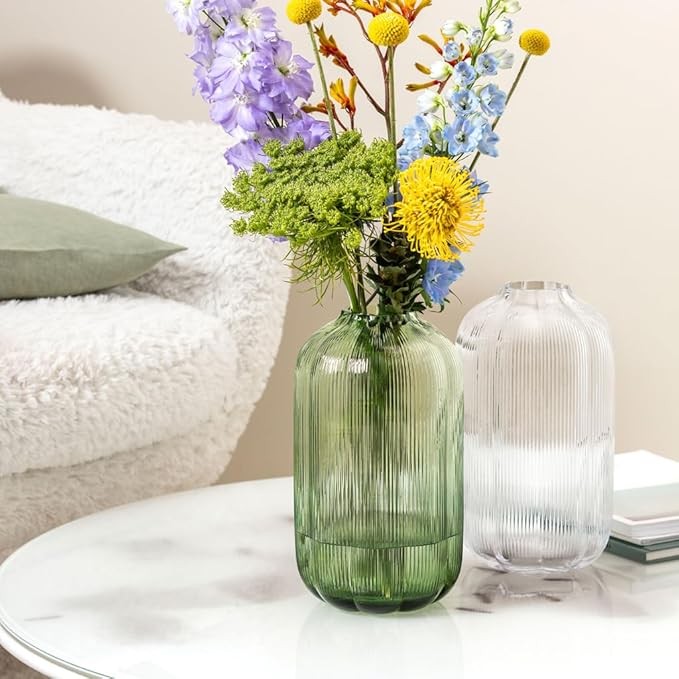 Clear Ribbed Glass Vase 28cm Tall Modern Flower Table Centerpiece Decor