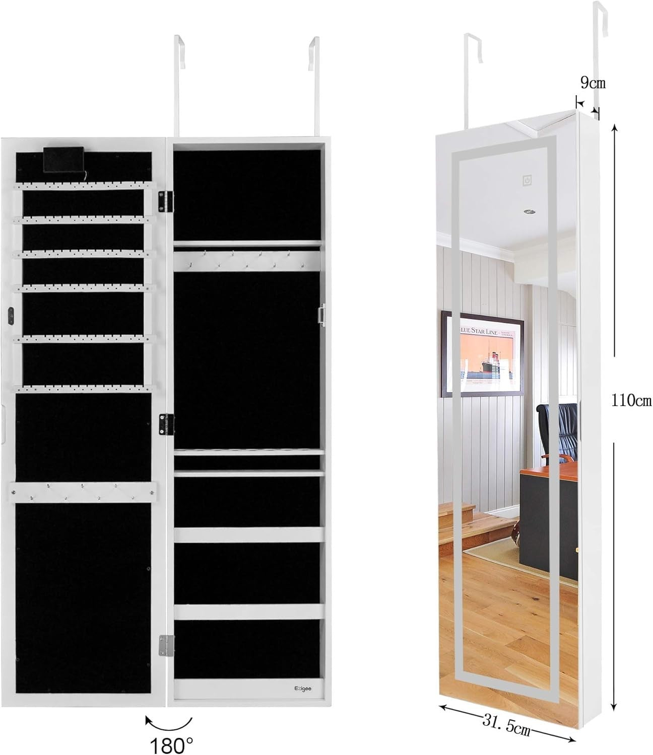 Wall Mounted Jewelry Cabinet LED Full Length Mirror Lockable Storage