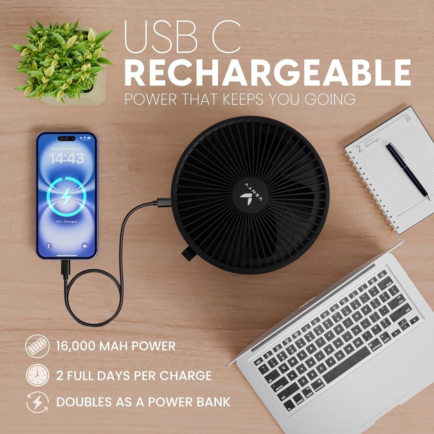 Portable Foldable Fan 4-Speed w Remote LED Light USB-C Rechargeable Black w Case