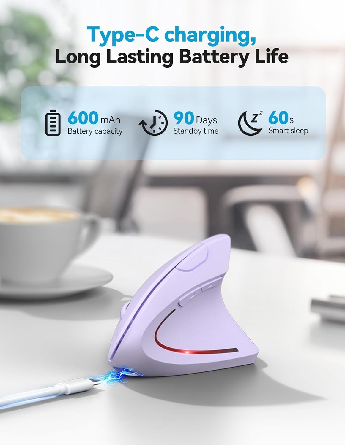 Purple Vertical Ergonomic Mouse Bluetooth Rechargeable 4800 DPI