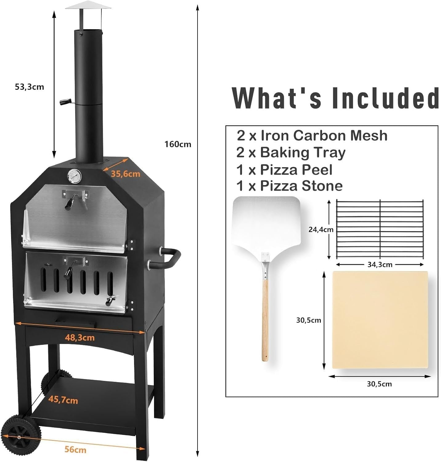 Outdoor Wood Fired Pizza Oven | BBQ Grill with Chimney, Stone & Thermometer