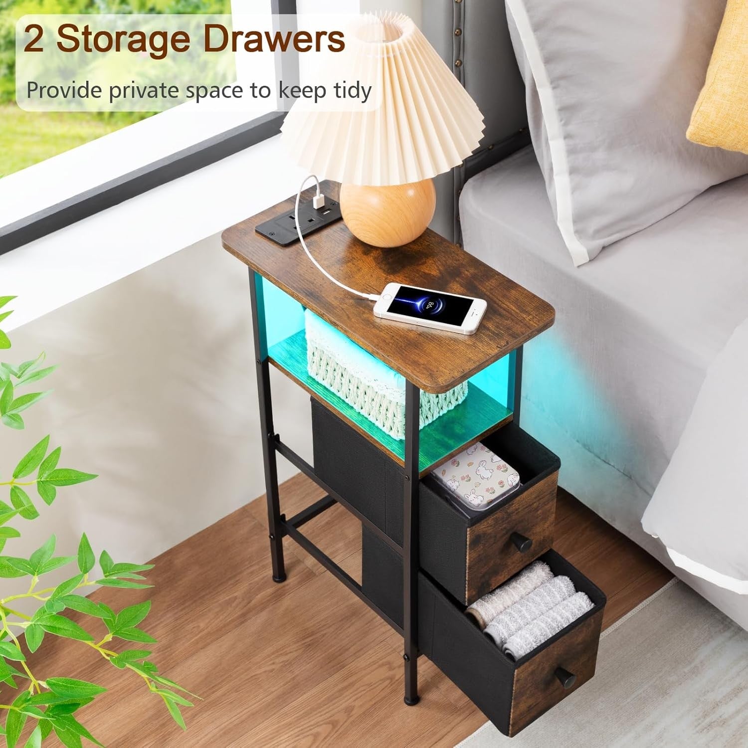 Slim LED Bedside Table with Charging Station, 2 Drawers & Shelf Storage Brown