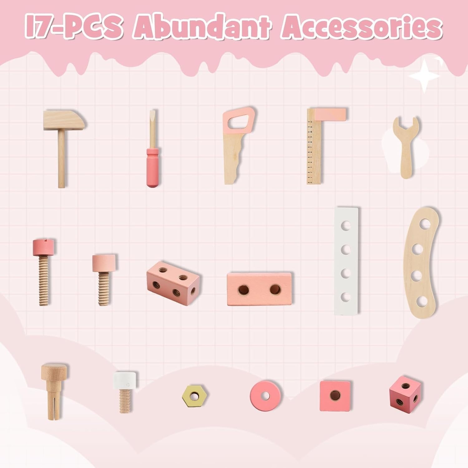 Pink Wooden Kids Workbench Tool Set 75pcs w/ Blackboard Clock Storage 50x29