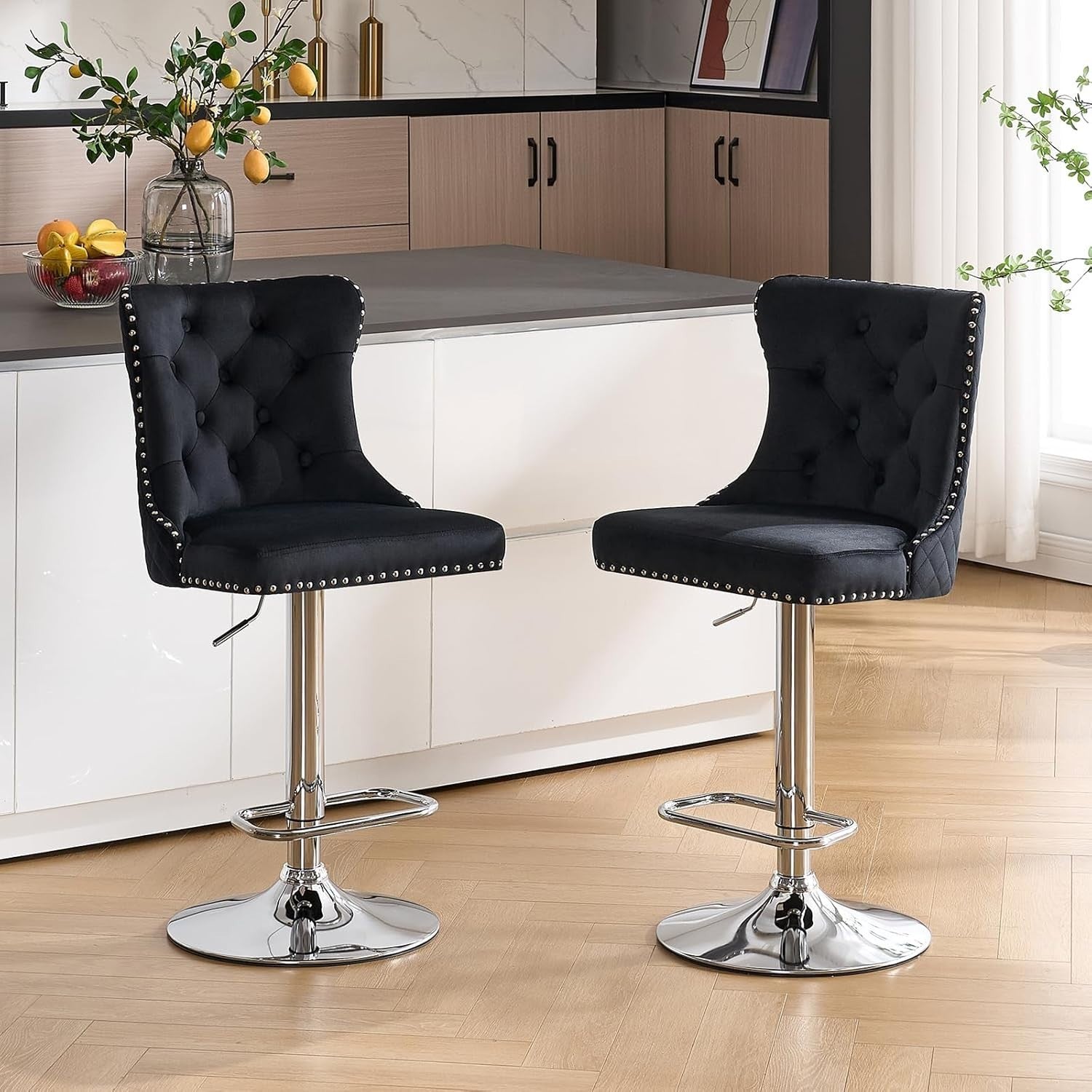 Velvet Bar Stools Set of 2 Black Chrome Legs Adjustable Swivel Chairs