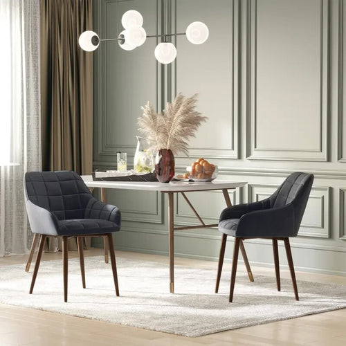 2x Grey Dining Chairs Linen-Fabric Padded Armchairs Steel Legs Modern