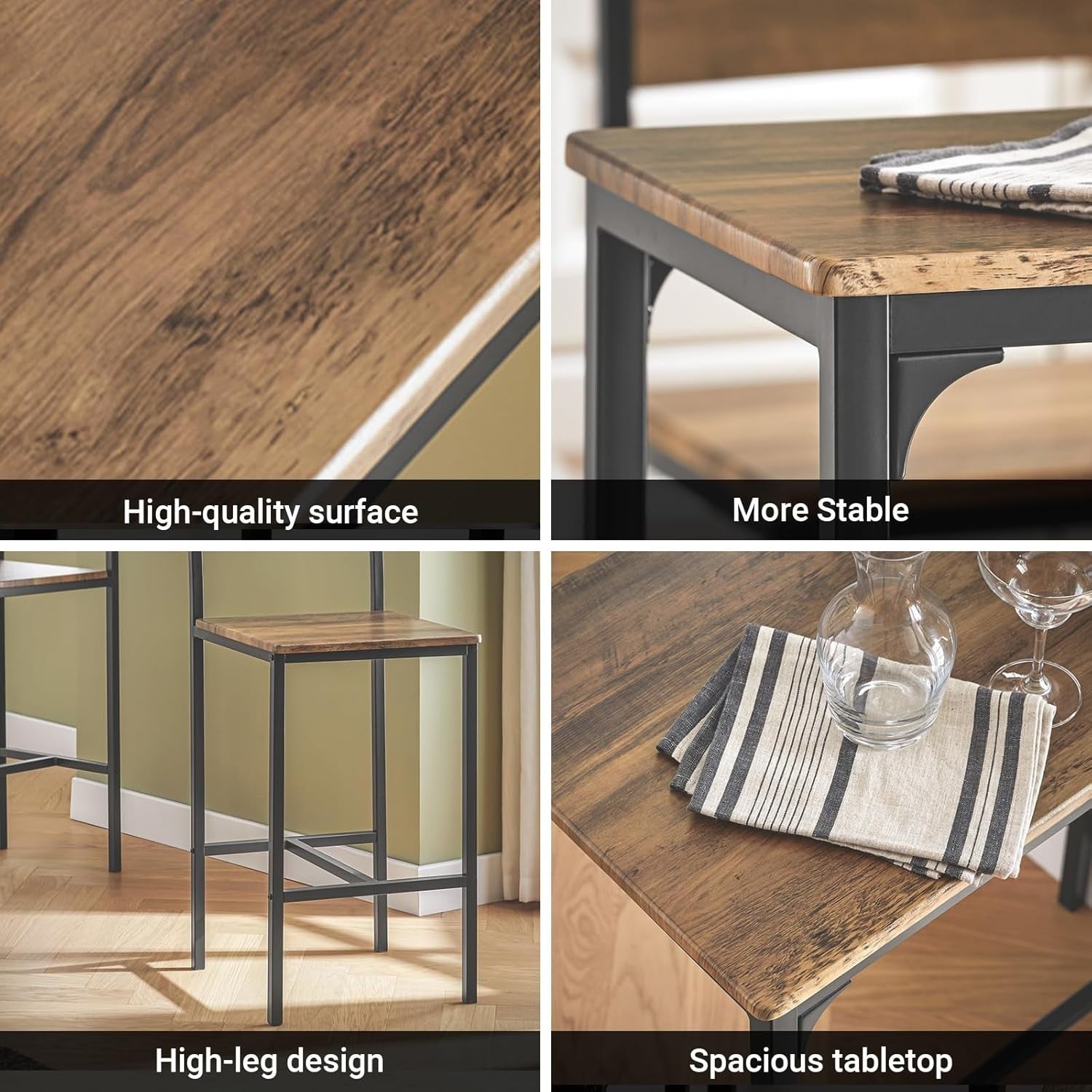 3 Pieces Bar Table Set with 2 Stools Modern High Dining Breakfast Furniture
