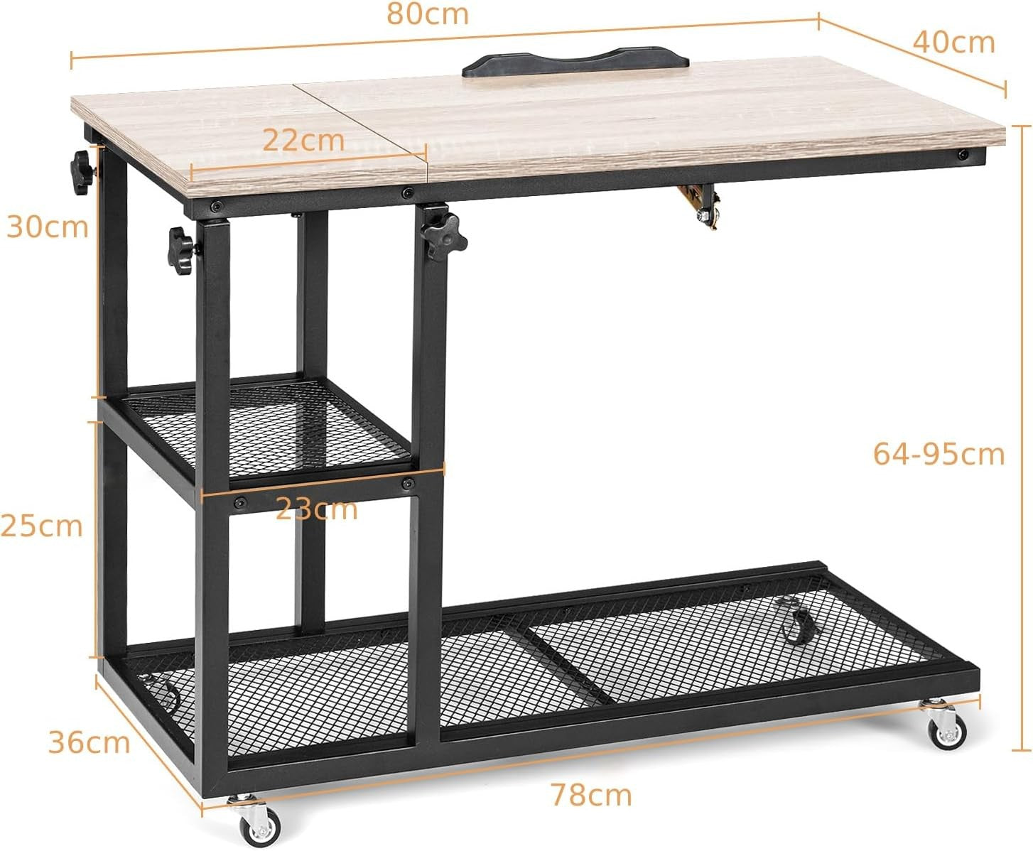 Natural Wood Overbed Table with Wheels Adjustable Sofa Side Laptop Desk