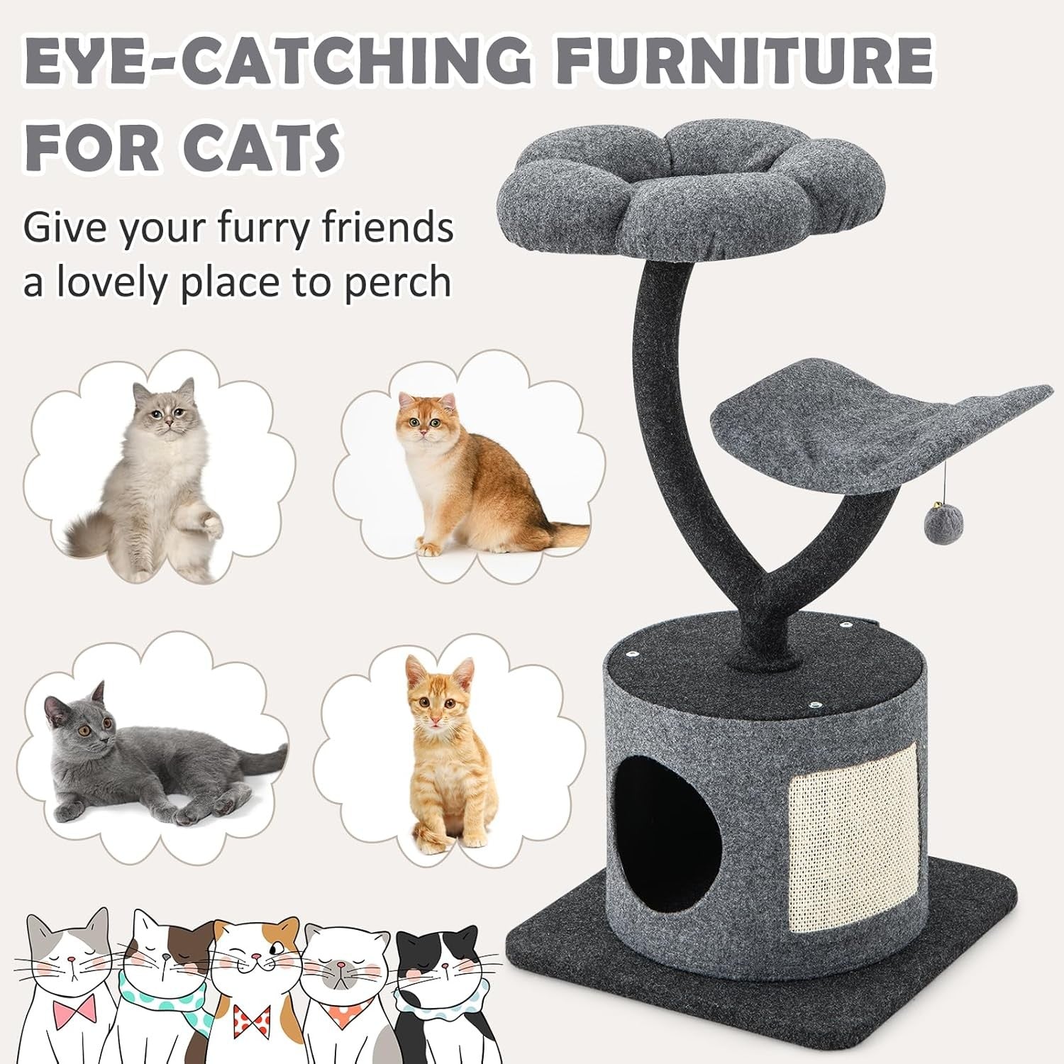 3 Tier Cat Tree Tower Grey Condo Scratching Post Top Perch Indoor Cats