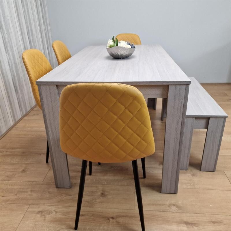 6 Seater Light Grey Dining Table Set with Mustard Chairs & Bench, MDF