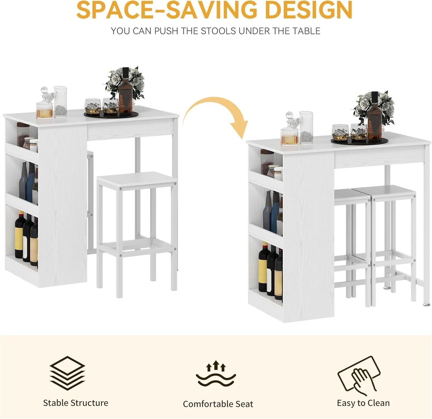 White Bar Table Set with 2 Stools Industrial Wood Top and Storage Shelves