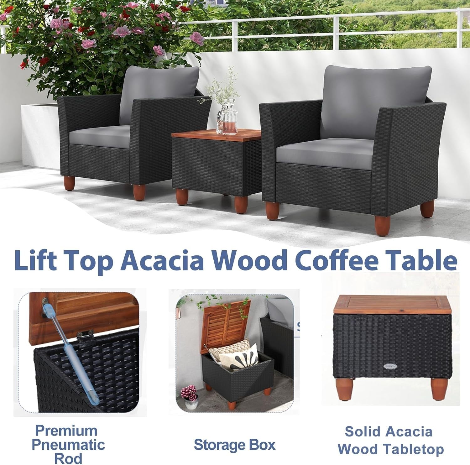3 Piece Rattan Bistro Set Garden Patio Chairs with Storage Table Cushions