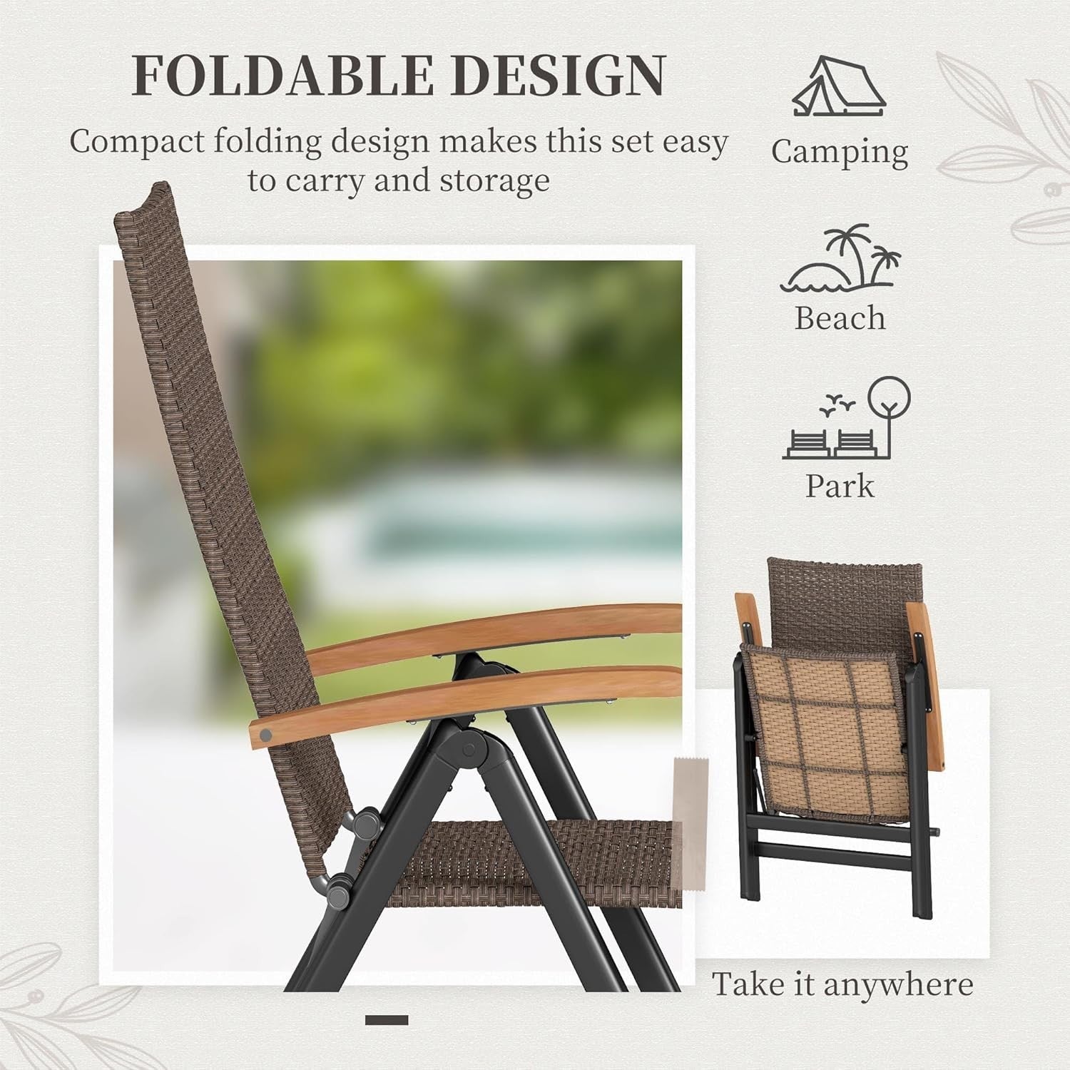 Brown Folding Recliner Garden Chair High Back Rattan Patio Dining Seat