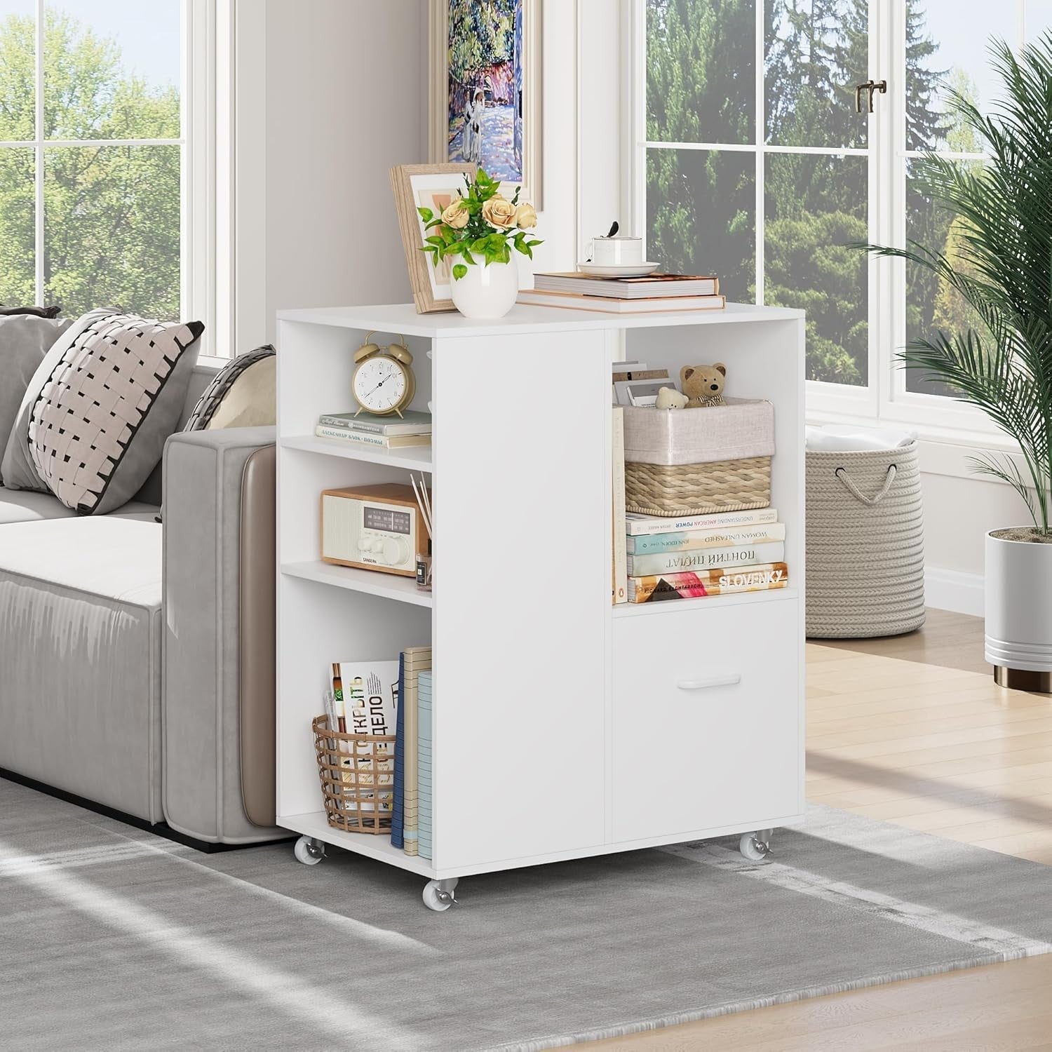 White Mobile File Cabinet 75cm Under Desk Storage with Shelves