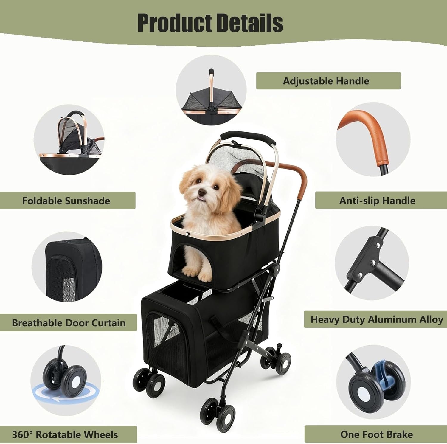 2 Tier Dog Stroller Folding Pet Pushchair 10kg Travel Pram Mesh 4 Wheels
