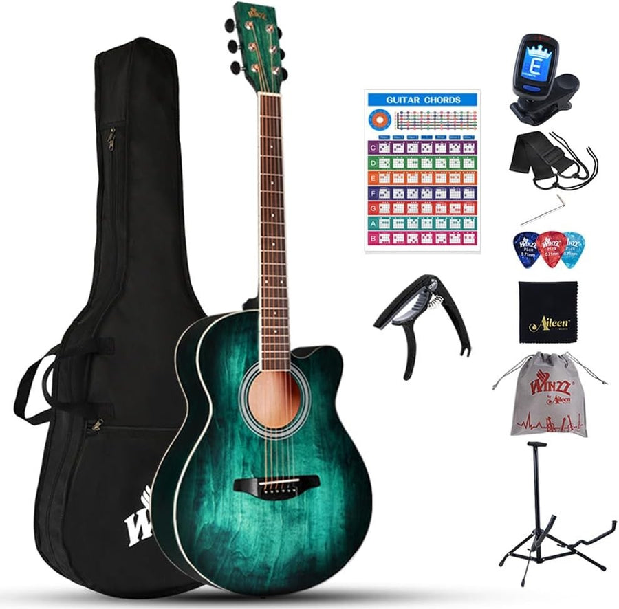 40" Acoustic Guitar Beginner Starter Kit Steel String Blue Green