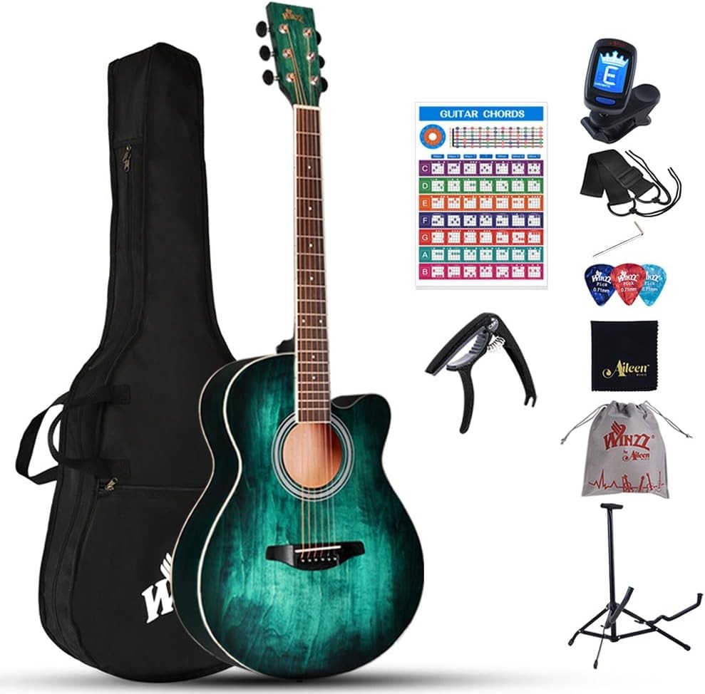 40" Acoustic Guitar Beginner Starter Kit Steel String Blue Green