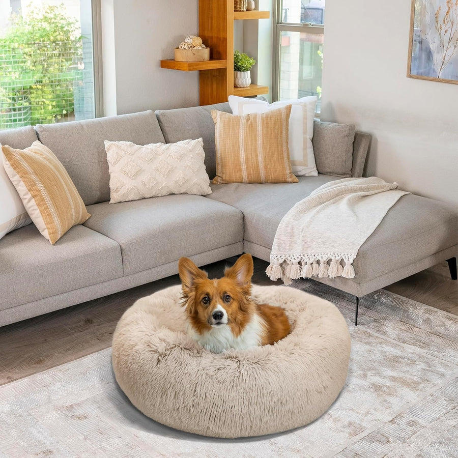 Calming Donut Dog Bed 30x30 Shag Fur Anti Anxiety Medium Taupe