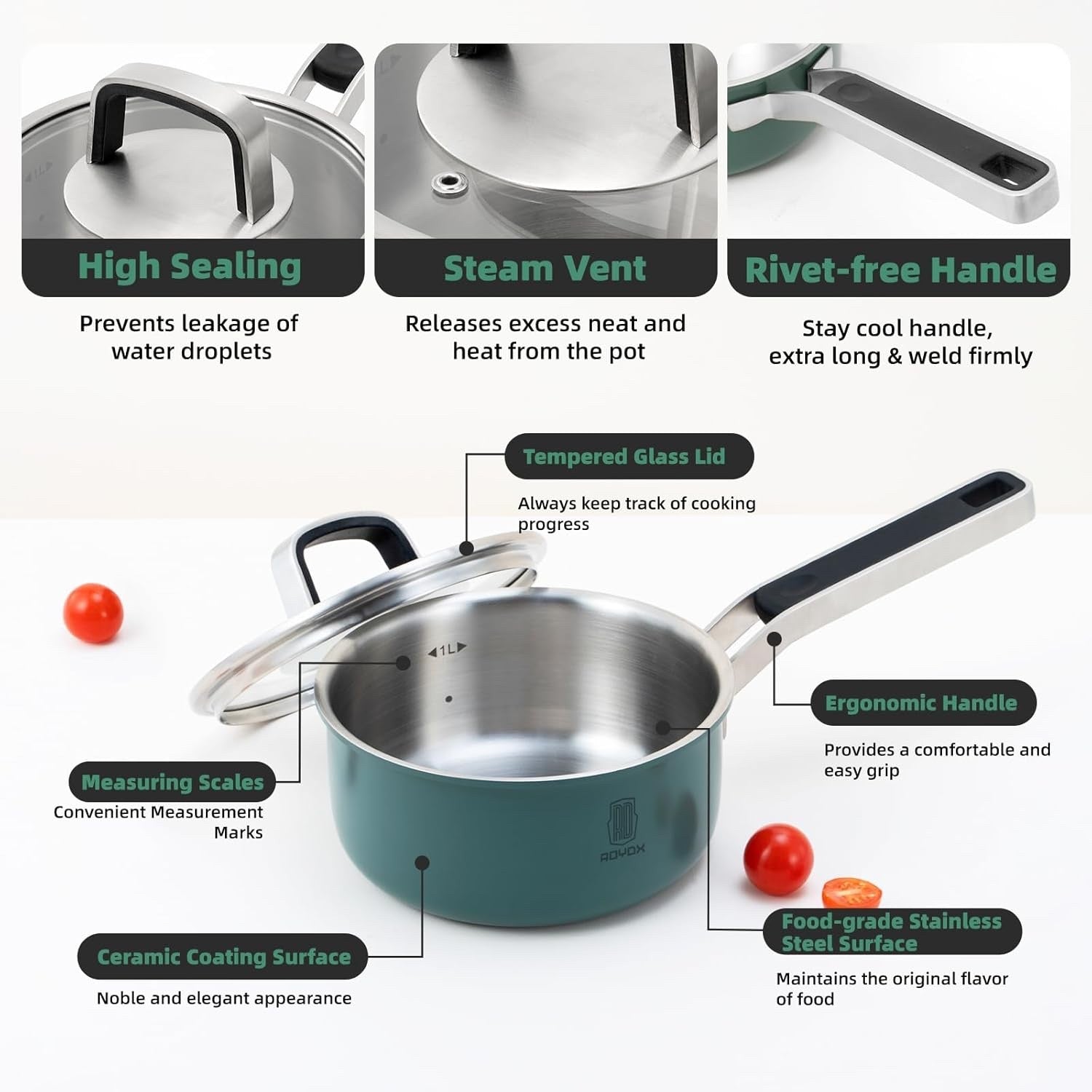 6Pcs Moss Green Stainless Steel Cookware Pot Set with Glass Lids Induction Safe
