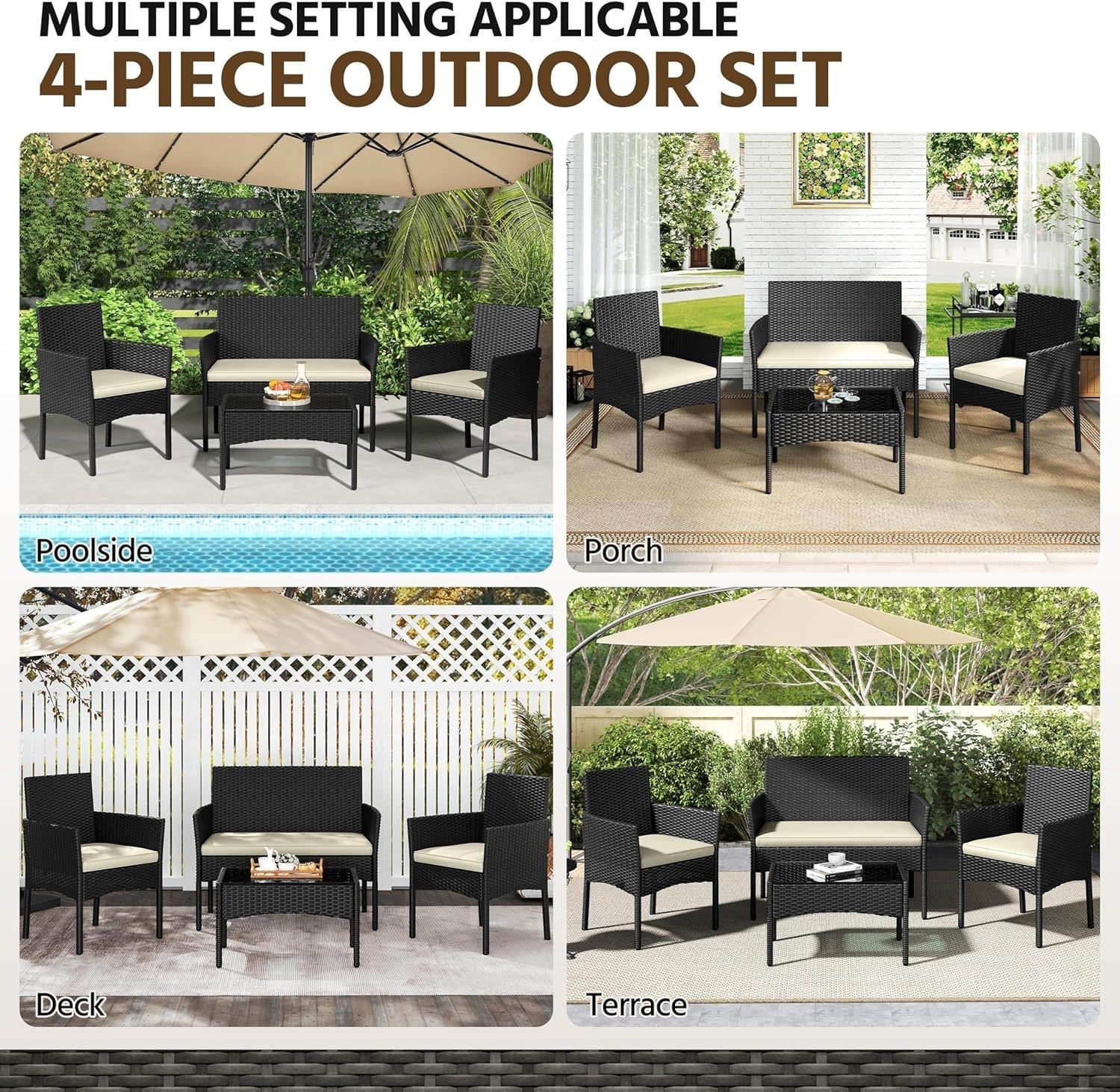 Outdoor Rattan Garden Sofa Set with Cushions & Tempered Glass Table Patio